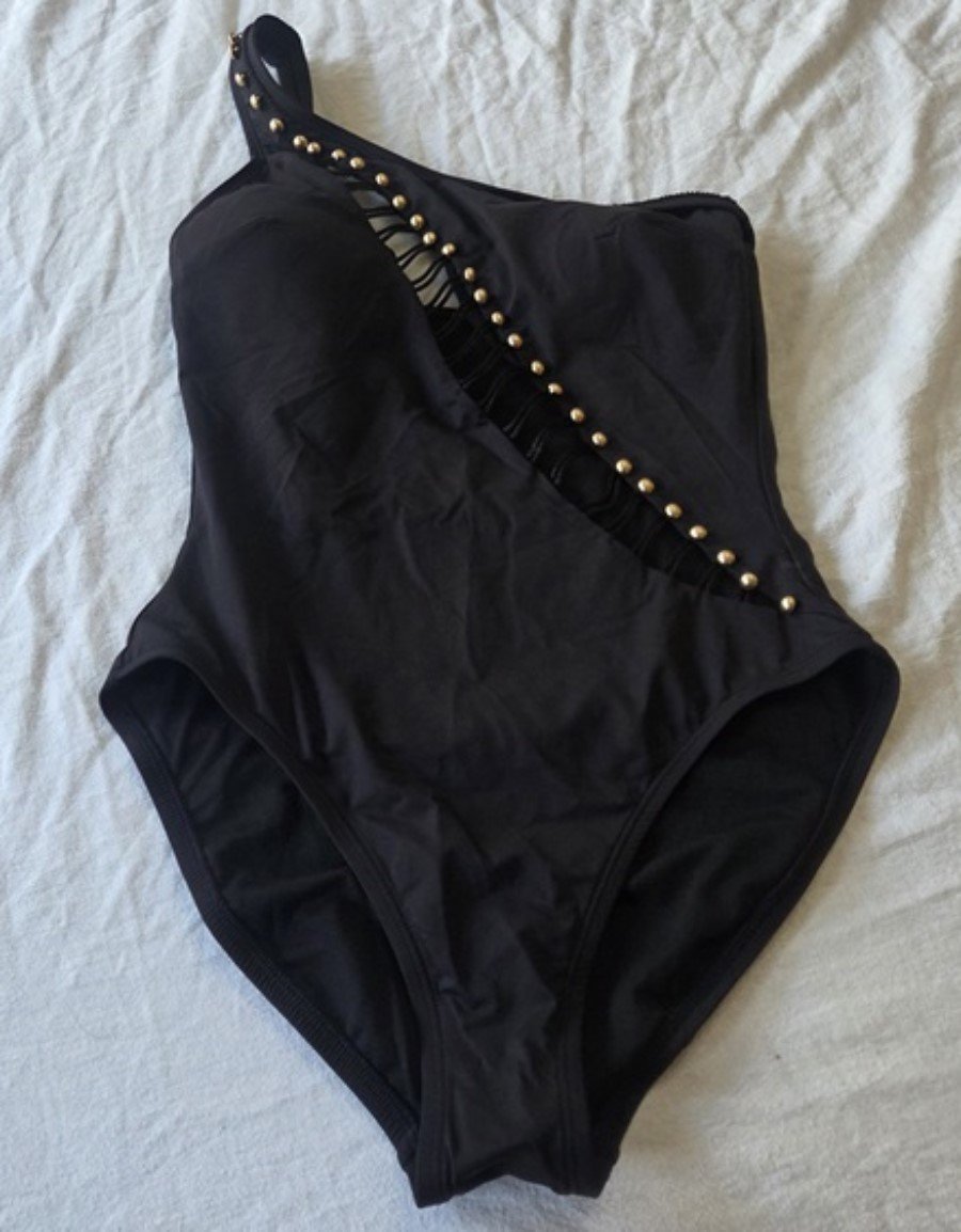 NWT Kenneth Cole S One shoulder Button Cut Out Black 1 PC Swimsuit 123493