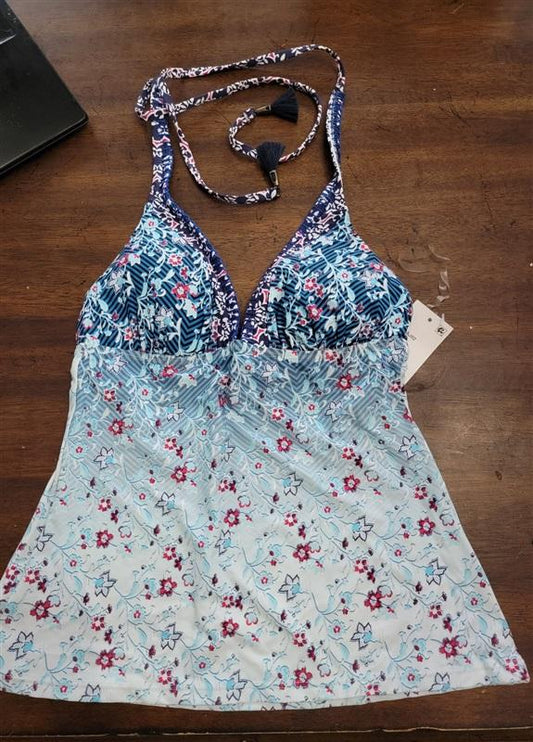 NWT Lucky Brand XS High Vibes Ombre Floral V Neck Tankini Swim Top Blue 123559