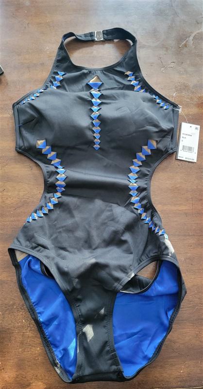 NWT Kenneth Cole S REACTION Caviar Solids Black Blue 1PC Swimsuit 123564