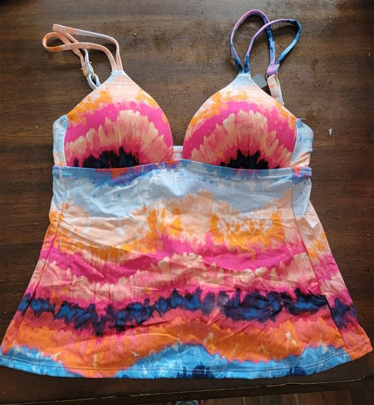NWT Kenneth Cole S V-Neck Halter Tankini Swim Top Tie Dye 123604