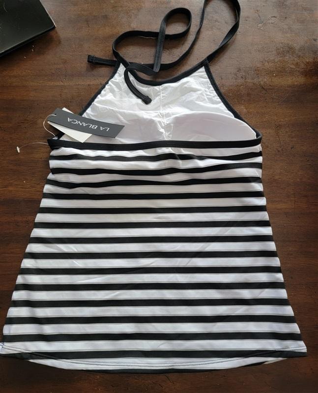 NWT La Blanca 4 Black & White Stripe High Neck Halter Tankini Swim Top 123610