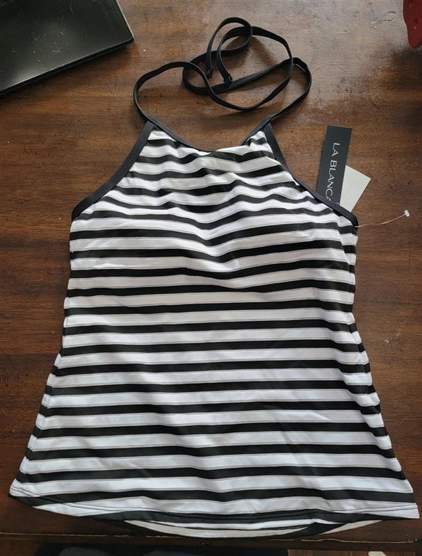 NWT La Blanca 4 Black & White Stripe High Neck Halter Tankini Swim Top 123610