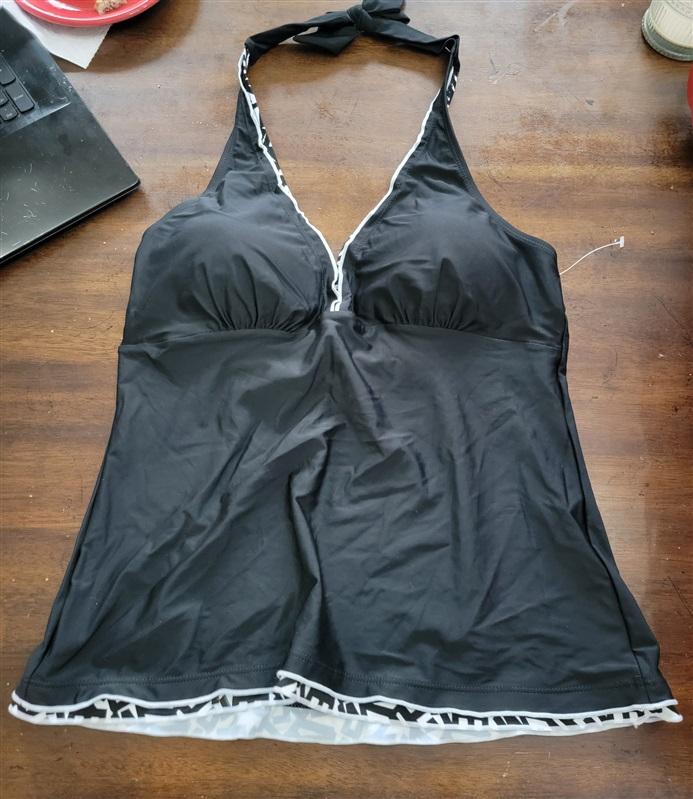 NWOT DKNY L Logo Ruffle Black Bandeau Tankini Top 123631