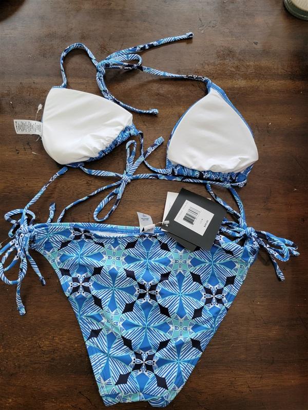 NWT Echo M Geometric Bikini Halter Top & Tie Side Bottom Blue White 123645