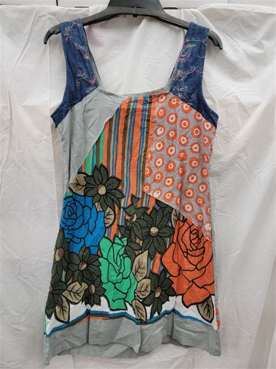 NWT Lucy & Co L Patchwork Bohmian Raw Edge Mixed Linen Sundress 123696