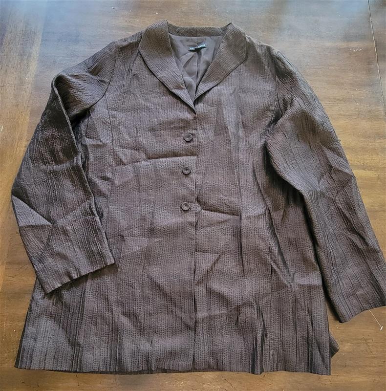 NWOT Eileen Fisher L Silk Button Up Blazer Jacket Brown 123763