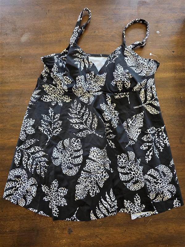 NWOT Swim Solutions 14 Black White Leaves Tankini Top Bra 123962
