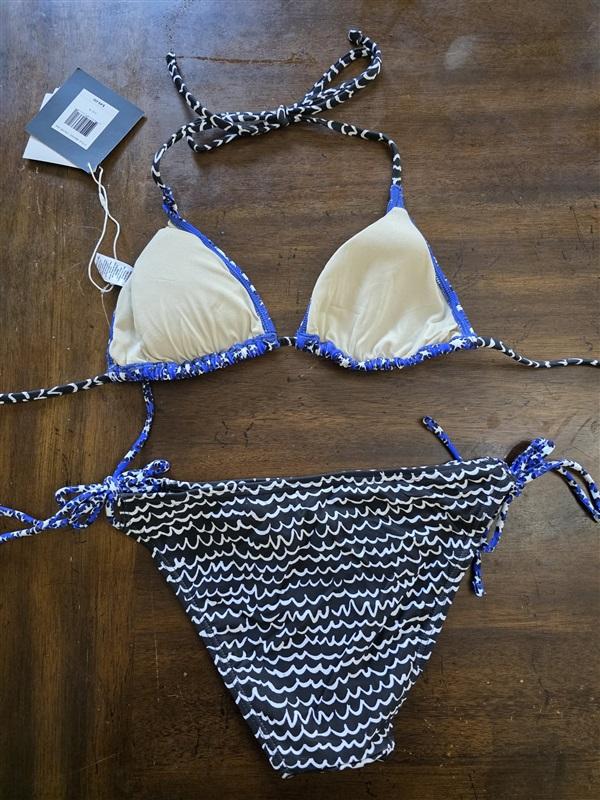 NWT Echo S Geometric Bikini Halter Top & Tie Side Bottom Blue Black 124056