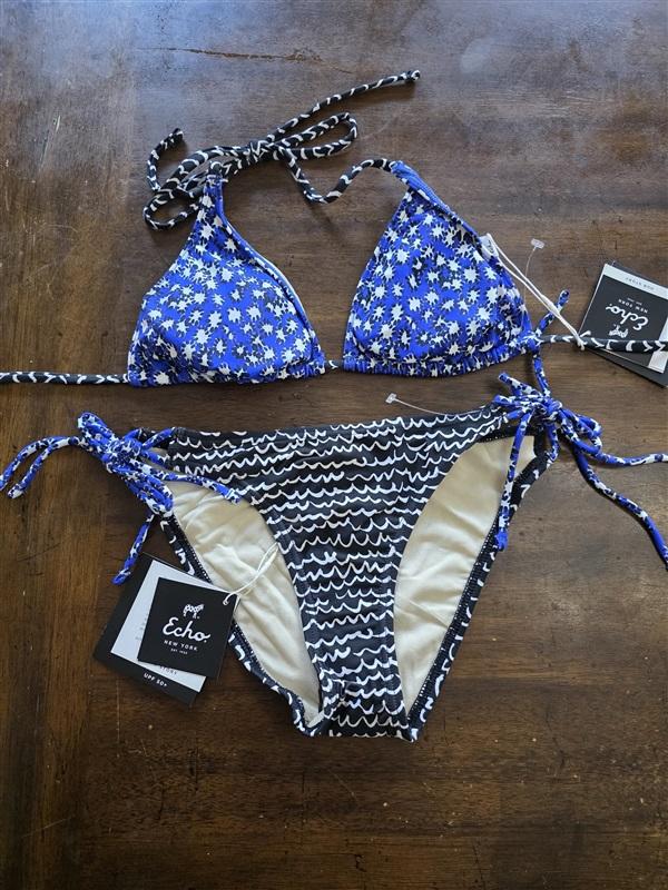 NWT Echo S Geometric Bikini Halter Top & Tie Side Bottom Blue Black 124056