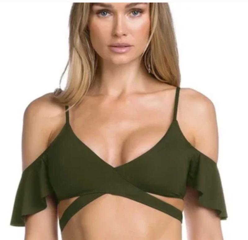 NWOT Becca S Off-Shoulder Strappy Bikini Swim Top Olive Green 124063