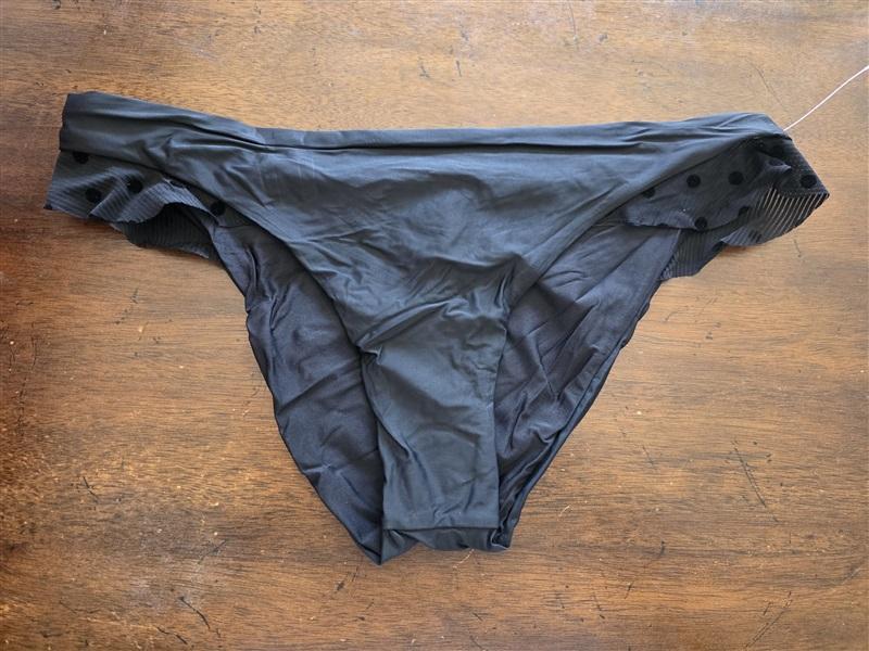 NWT Ella Moss L Sheer Dot Ruffle Leg Retro Bikini Swim Bottoms Black 124514