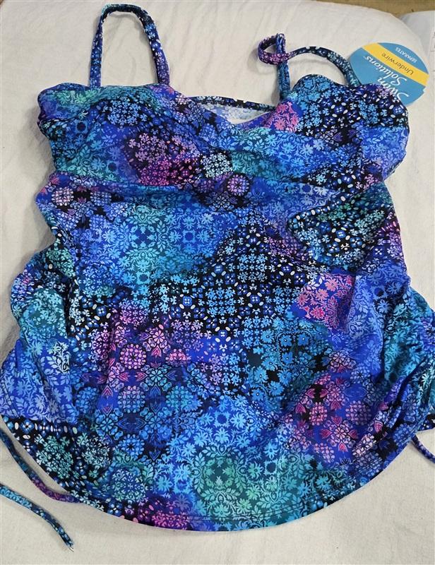 NWT Swim Solutions 8 Blue Pink Twist Tankini Top Floral Geometric 124580