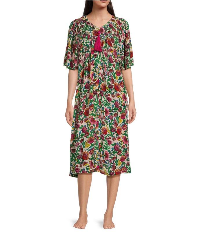 NWT Go Softly S Patio Dress Kaftan Floral V-Neck Short Sleeve Zip Crinkle 124586