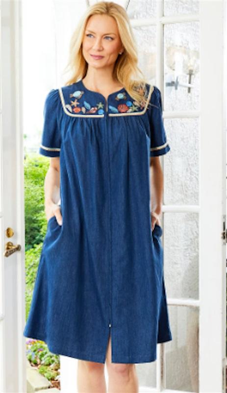 NWT Go Softly S Kaftan Denim Sea Life Beach Embroidered Patio Dress 124594