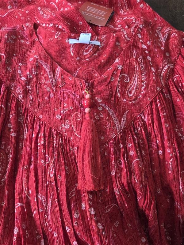 NWT Go Softly S Patio Dress Kaftan Short Sleeve Zip Crinkle Red Paisley 124597