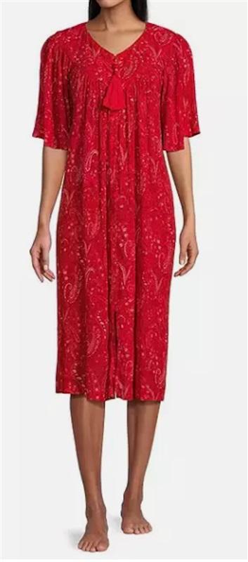 NWT Go Softly M Patio Dress Kaftan Short Sleeve Zip Crinkle Red Paisley 124598