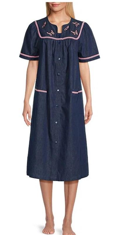 NWT Go Softly S Kaftan Denim Butterflies Snap Embroidered Patio Dress 124601