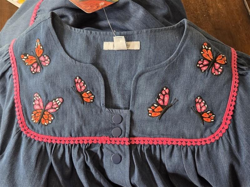 NWT Go Softly S Kaftan Denim Butterflies Snap Embroidered Patio Dress 124601
