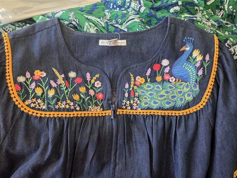 NWT Go Softly L Kaftan Denim Peacock Zip Embroidered Patio Dress 124608