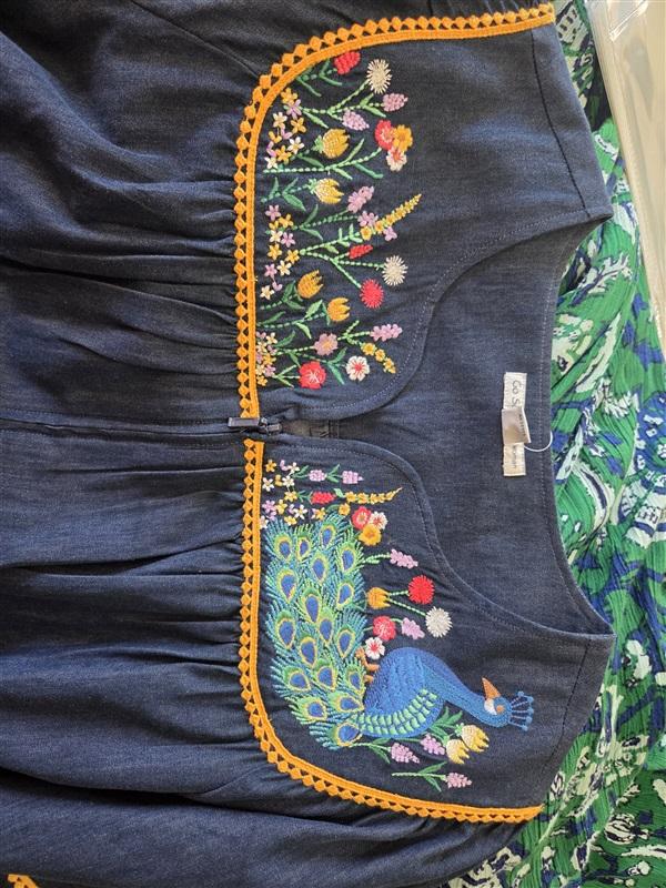 NWT Go Softly 2XL Kaftan Denim Peacock Zip Embroidered Patio Dress 124610