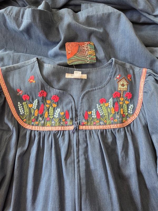 NWT Go Softly S Kaftan Denim Bird House Zip Embroidered Patio Dress 124621