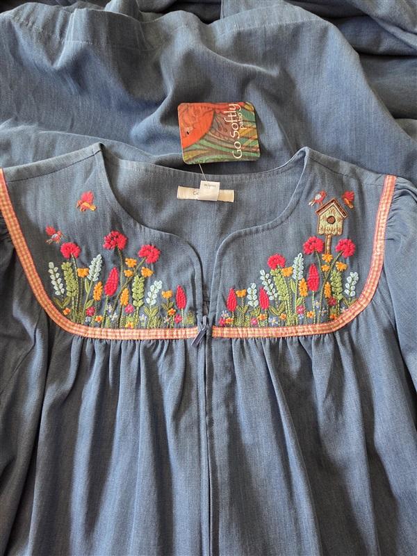NWT Go Softly 1X Kaftan Denim Bird House Zip Embroidered Patio Dress 124624