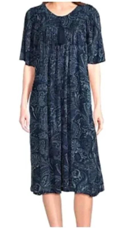NWT Go Softly 3x Patio Dress Kaftan Short Sleeve Zip Crinkle Blue Paisley 124631