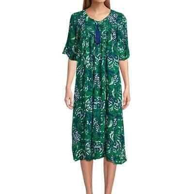 NWT Go Softly 2X Patio Dress Kaftan Zip Crinkle Green Blue Floral 124637