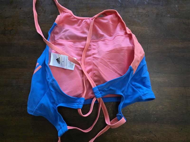 NWT Adidas L Tie Back 3 Stripe Sport Bikini Blue Coral Swim Top 124656
