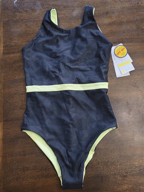 NWT Zella 14 High-Neck Open-Back 1PC Swimsuit Black Green 124670
