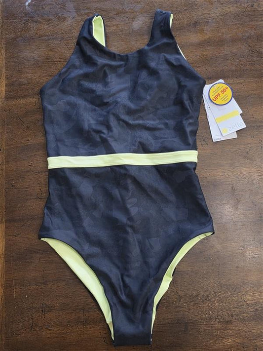 NWT Zella 14 High-Neck Open-Back 1PC Swimsuit Black Green 124670