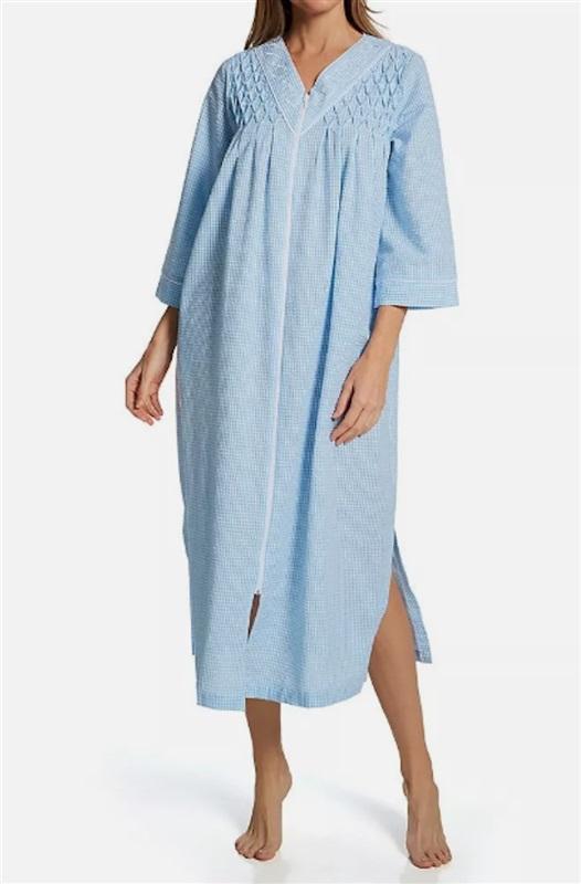 NWT Miss Elaine L Seersucker Blue Gingham V-Neck Zip Robe 120896