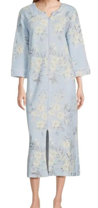 NWT Miss Elaine S Quilt-In-Knit Long Zip Robe Blue Bouquet 124689