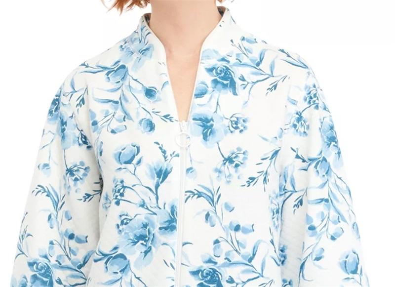 NWT Miss Elaine Cottonessa Quilted Knit Zip Robe Blue White Floral 124691