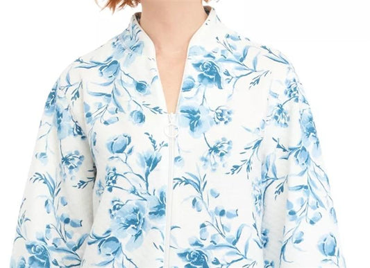 NWT Miss Elaine Cottonessa Quilted Knit Zip Robe Blue White Floral 124691