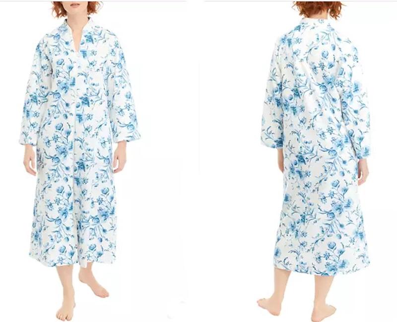 NWT Miss Elaine Cottonessa Quilted Knit Zip Robe Blue White Floral 124691