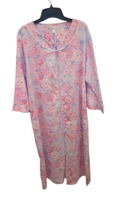 New Miss Elaine M Long Zip Front Cotton Robe Pink Blue Roses Hydrangea 124702