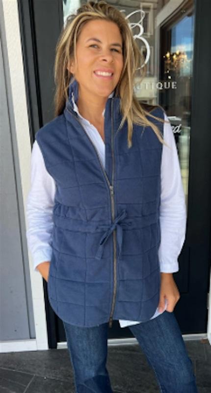 NWT Bobi USA M Blue Quilted Zip Up Tie Waist Vest 124940