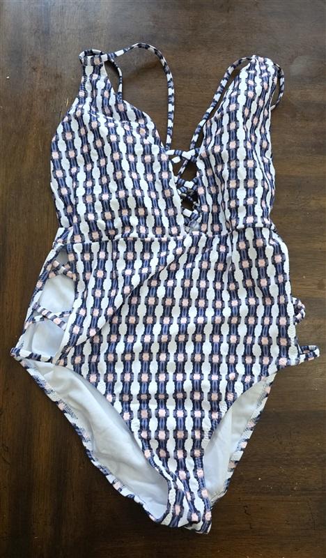 NWT Jessica Simpson M Deep V 1pc Cut Out Gray Peach Swimsuit 124963