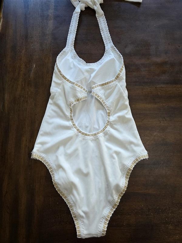 NWT Pilyq Platinum M White Gold Crochet Trim 1PC Swimsuit 125048