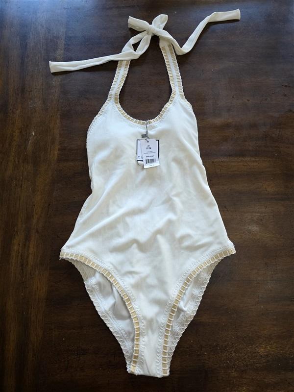 NWT Pilyq Platinum M White Gold Crochet Trim 1PC Swimsuit 125048