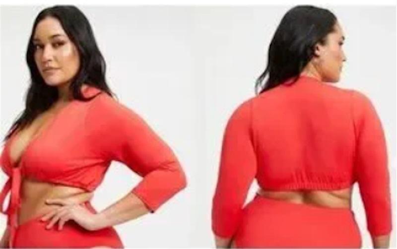 NWTD Good American sz M Bright Poppy Red Sexy Boost Swim Top Long Sleeve 125126