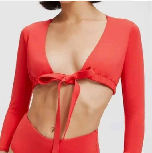 NWTD Good American sz M Bright Poppy Red Sexy Boost Swim Top Long Sleeve 125126