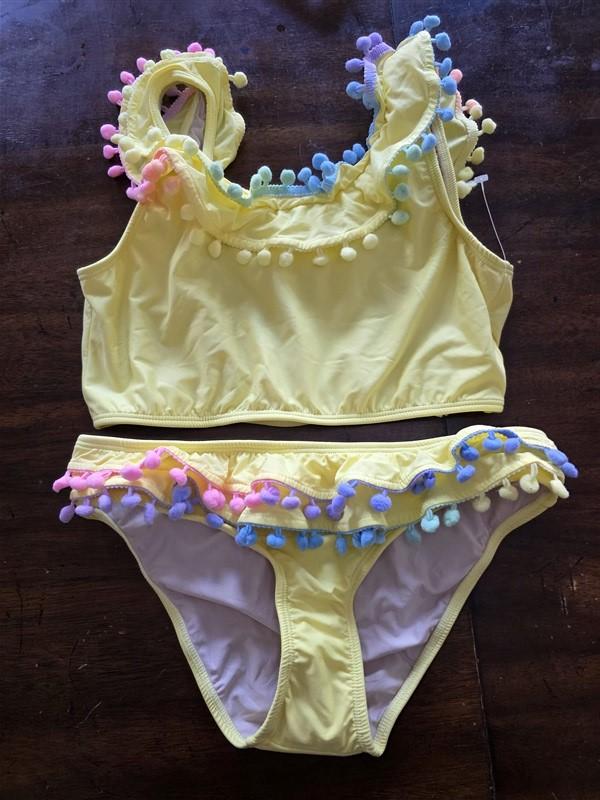 NWT Pilyq 16 Girls Swim Cabana Sun Yellow Pom Pom Bikini Set 125128
