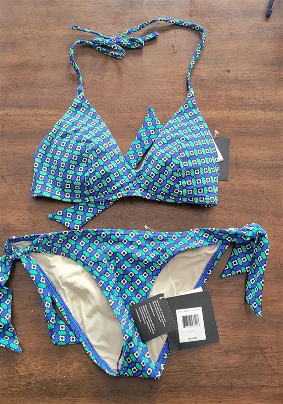 NWT Echo Geometric Bikini Halter S Top & Tie Side Bottom Blue Green 125235