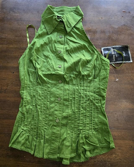 NWT Love Stitch S Button Up Tuxedo Backless & Sleeveless Top Green 125276