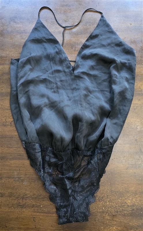 NWT Express XS Satin & Lace T Back Bodysuit Black 125285