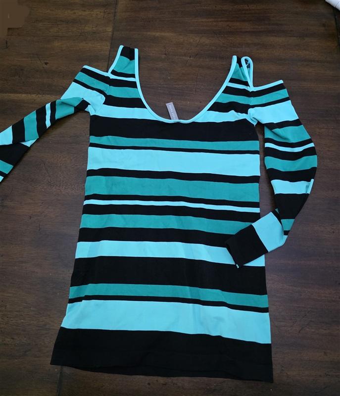 NWOT Last Tango S/M Stripe Cold Shoulder Top Green Black 125319
