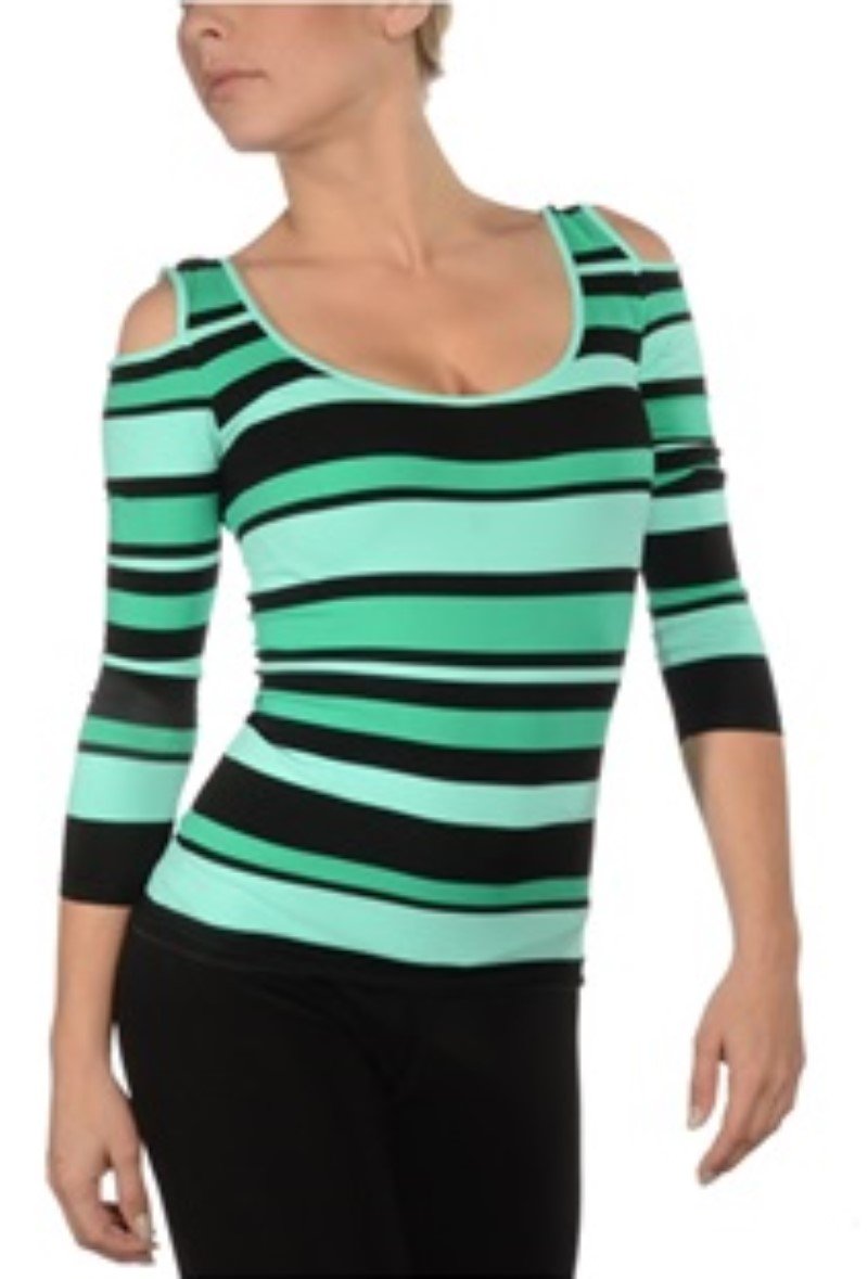 NWOT Last Tango S/M Stripe Cold Shoulder Top Green Black 125319