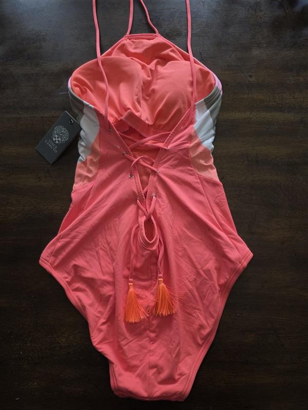 NWOT Vince Camuto 12 High Neck 1PC Swimsuit Camellia Stripe Chevron 125354